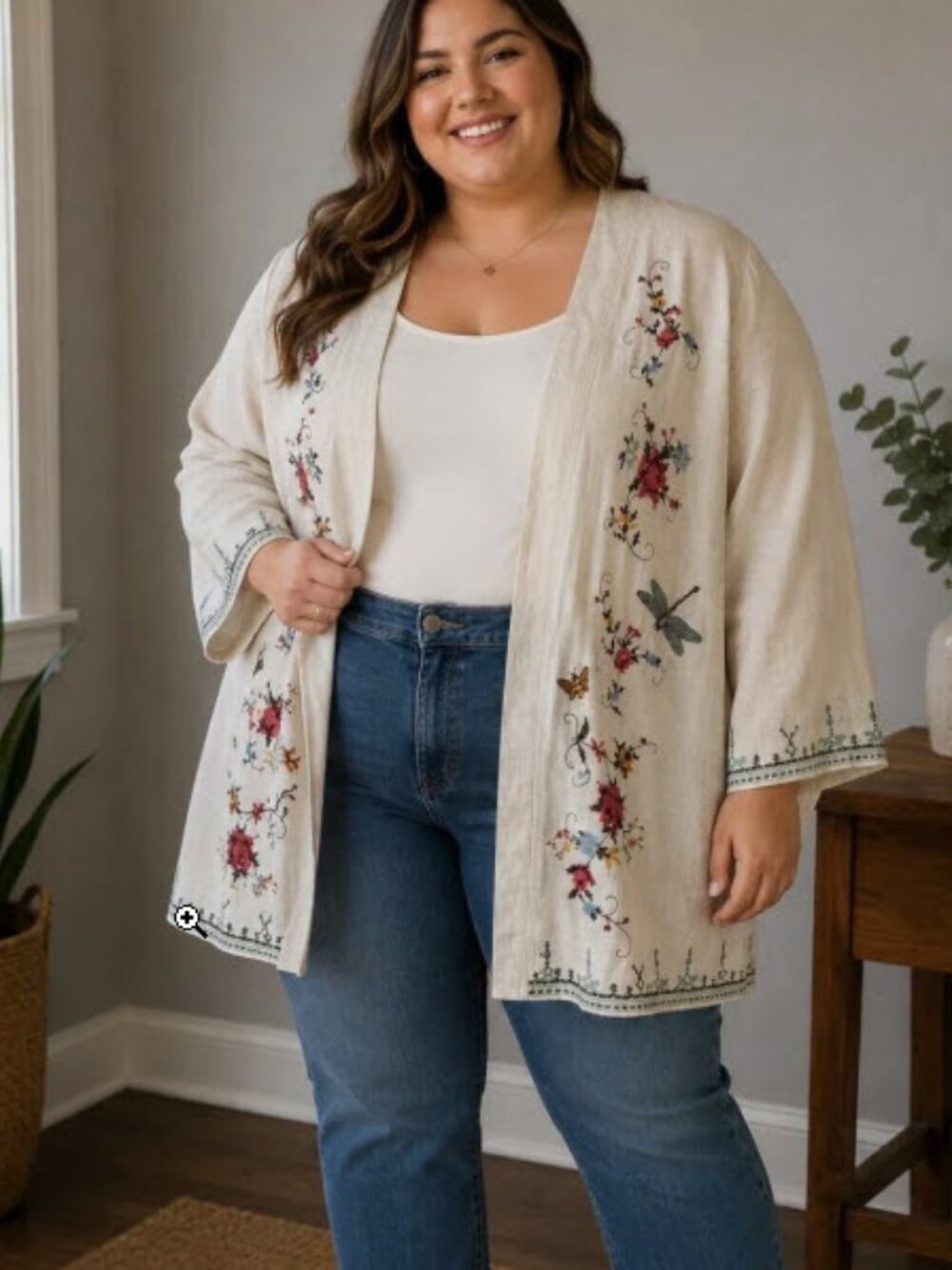 Solitaire Linen Blend Kimono Cardigan Size 1X Beige Floral Embroidered Boho
